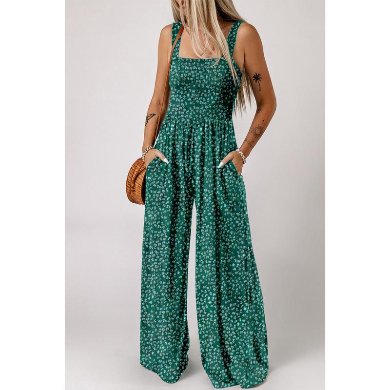 Langer Sommer Jumpsuit mit Blumenmuster eckigem Ausschnitt und weitem Bein