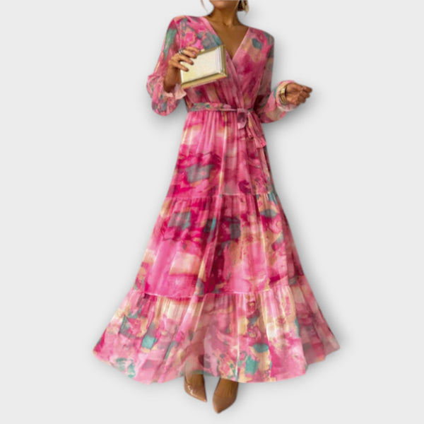 Zarte florale Sommer Maxi Kleid mit langen Ärmeln und Gürtel