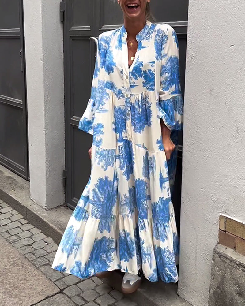 Lockeres Damenkleid im Patchwork Stil mit V-Ausschnitt und weiten Ärmeln