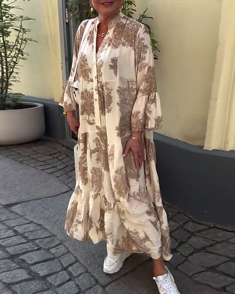Lockeres Damenkleid im Patchwork Stil mit V-Ausschnitt und weiten Ärmeln