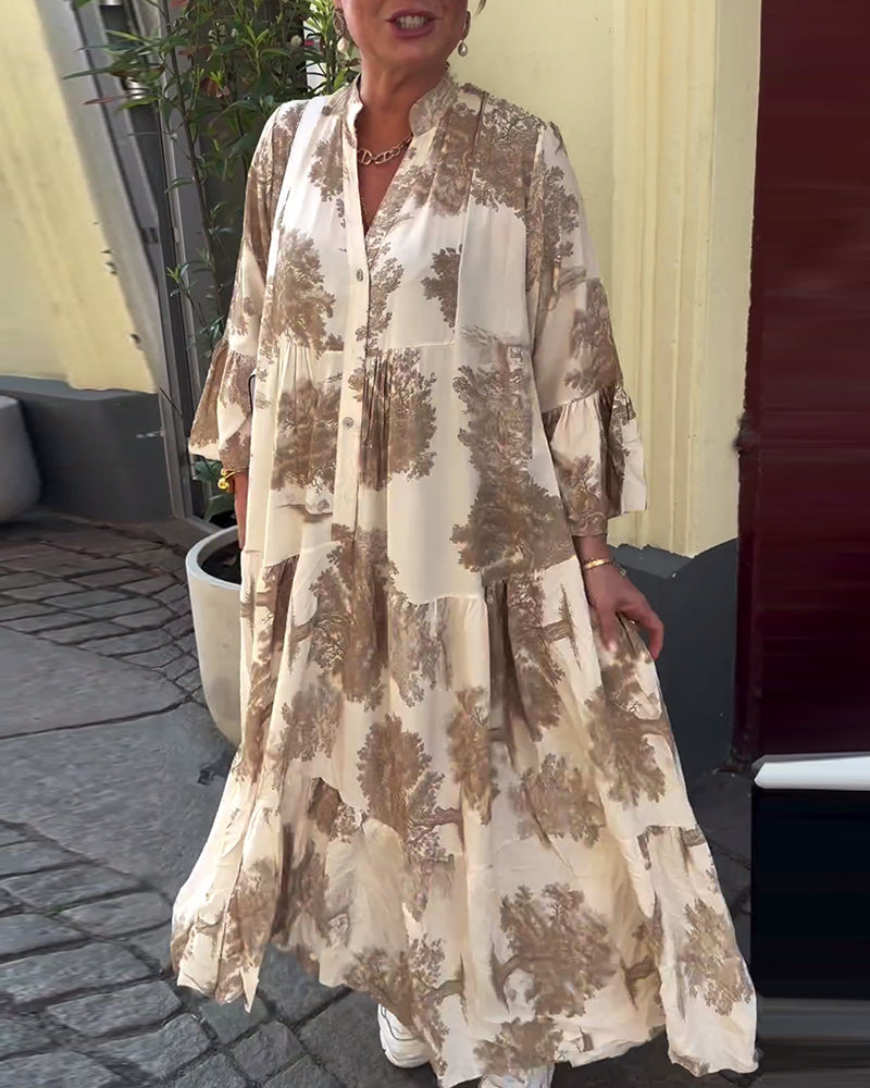 Lockeres Damenkleid im Patchwork Stil mit V-Ausschnitt und weiten Ärmeln