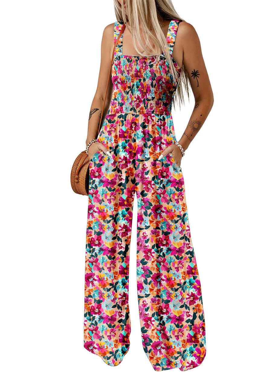 Langer Sommer Jumpsuit mit Blumenmuster eckigem Ausschnitt und weitem Bein