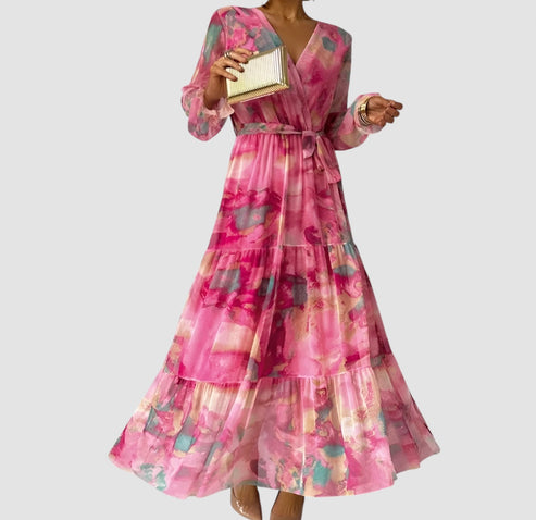 Maxikleid im Wickelstil mit floralem Aquarellmuster und langen Ärmeln für besondere Anlässe