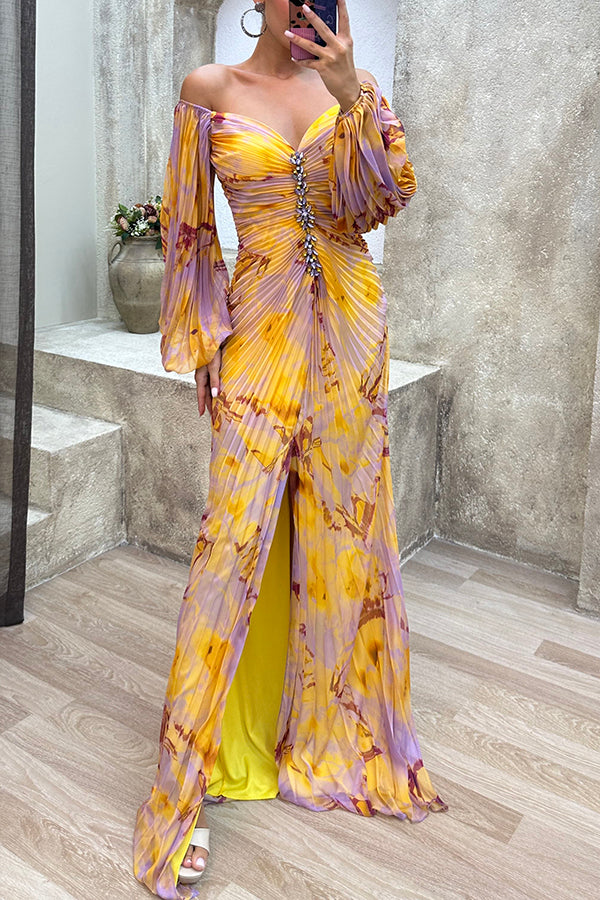 Maxikleid mit langen Ärmeln und schulterfreiem Schnitt mit Muster für den Abend