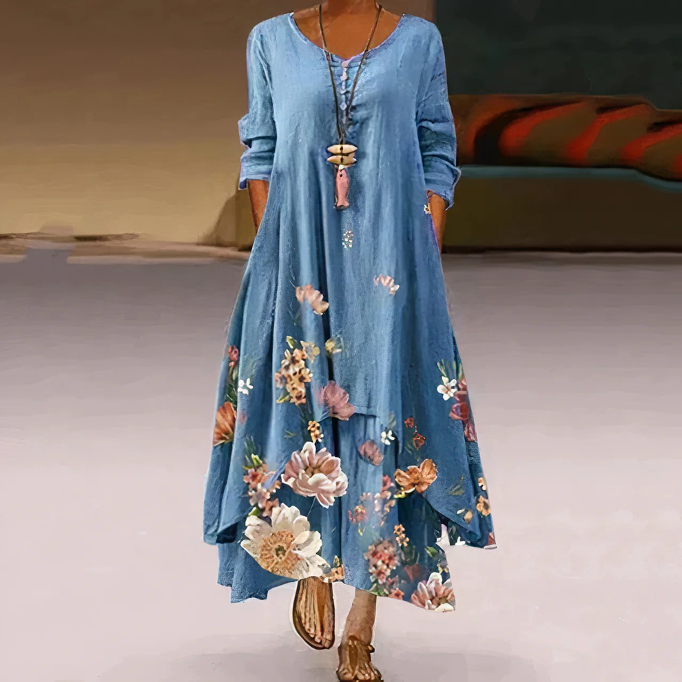 Langes Sommerkleid mit Blumenmuster und halblangen Ärmeln für einen stilvollen Auftritt