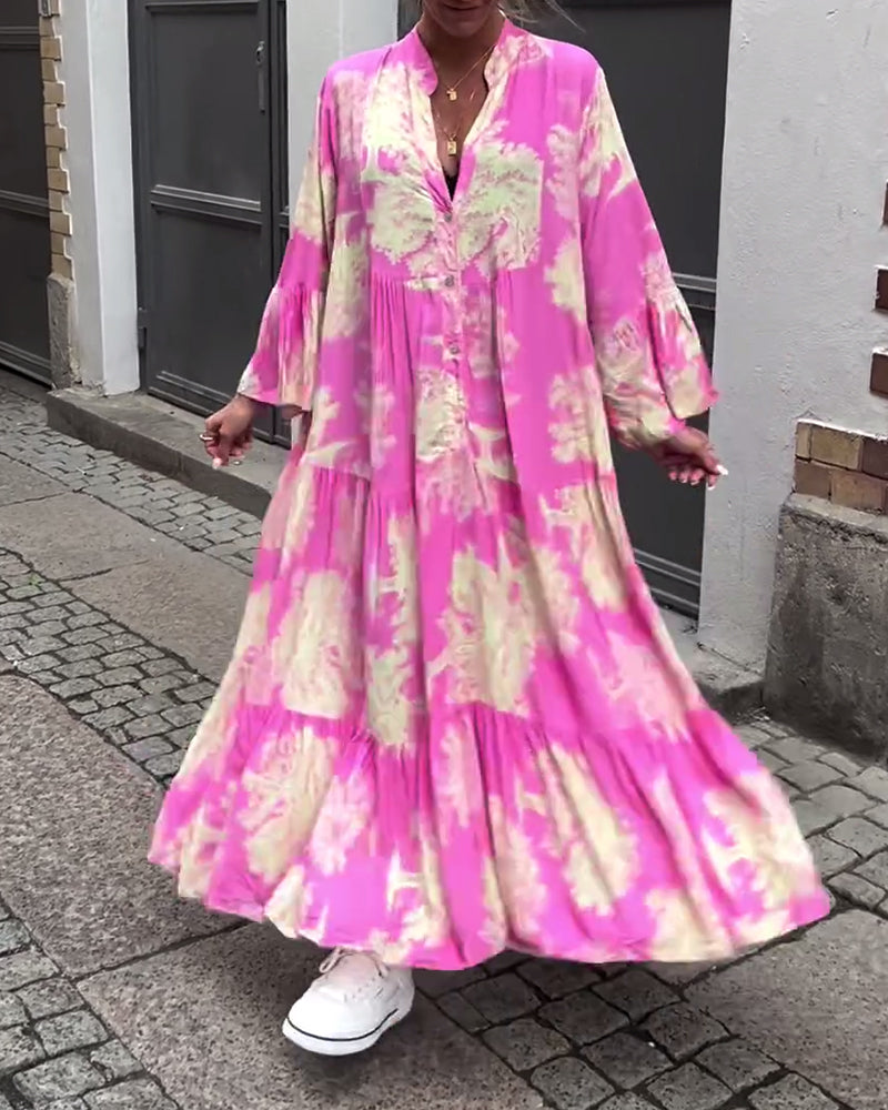 Lockeres Damenkleid im Patchwork Stil mit V-Ausschnitt und weiten Ärmeln