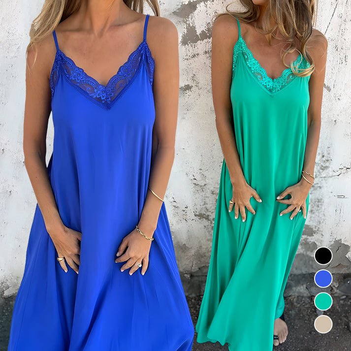 Langes Kleid mit V Ausschnitt und Spaghettiträgern im eleganten Nachtkleid Stil