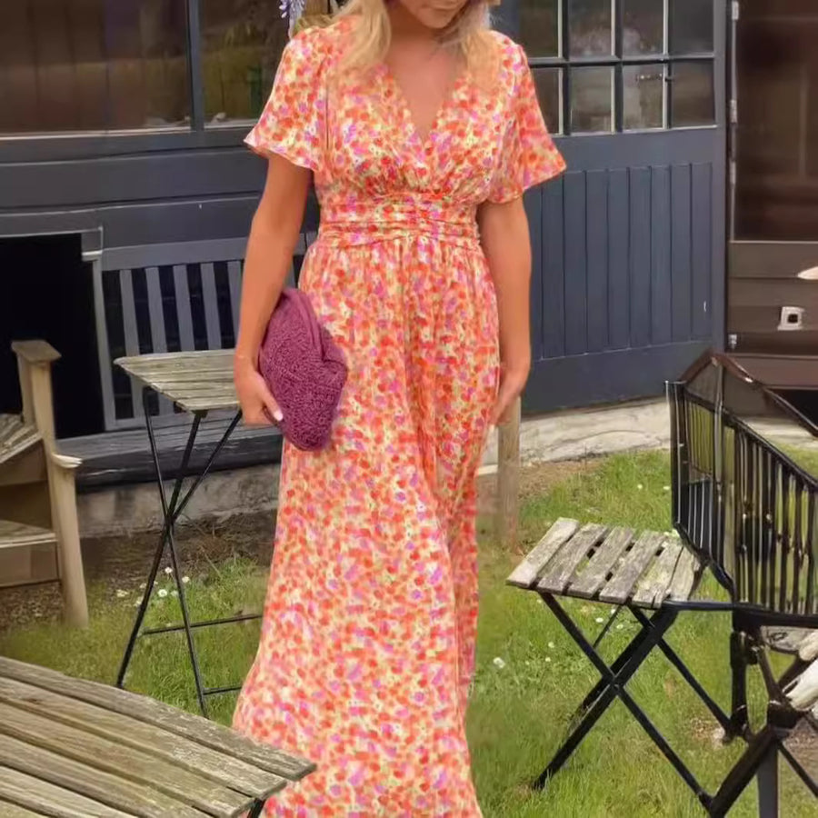 Maxikleid mit Blumenmuster V-Ausschnitt und kurzen Ärmeln