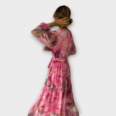 Zarte florale Sommer Maxi Kleid mit langen Ärmeln und Gürtel
