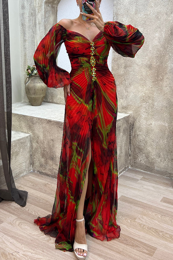 Maxikleid mit langen Ärmeln und schulterfreiem Schnitt mit Muster für den Abend