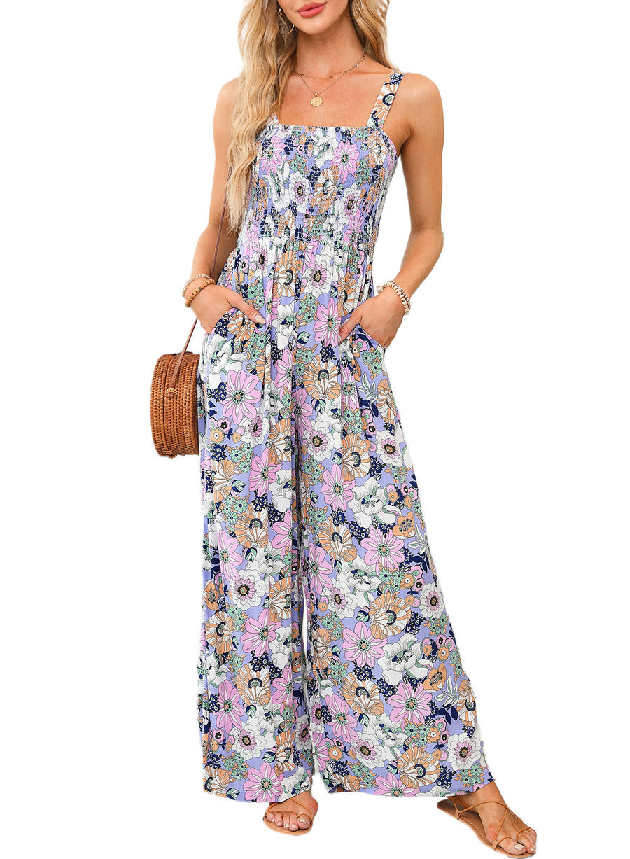 Langer Sommer Jumpsuit mit Blumenmuster eckigem Ausschnitt und weitem Bein