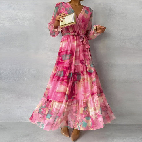 Maxikleid im Wickelstil mit floralem Aquarellmuster und langen Ärmeln für besondere Anlässe