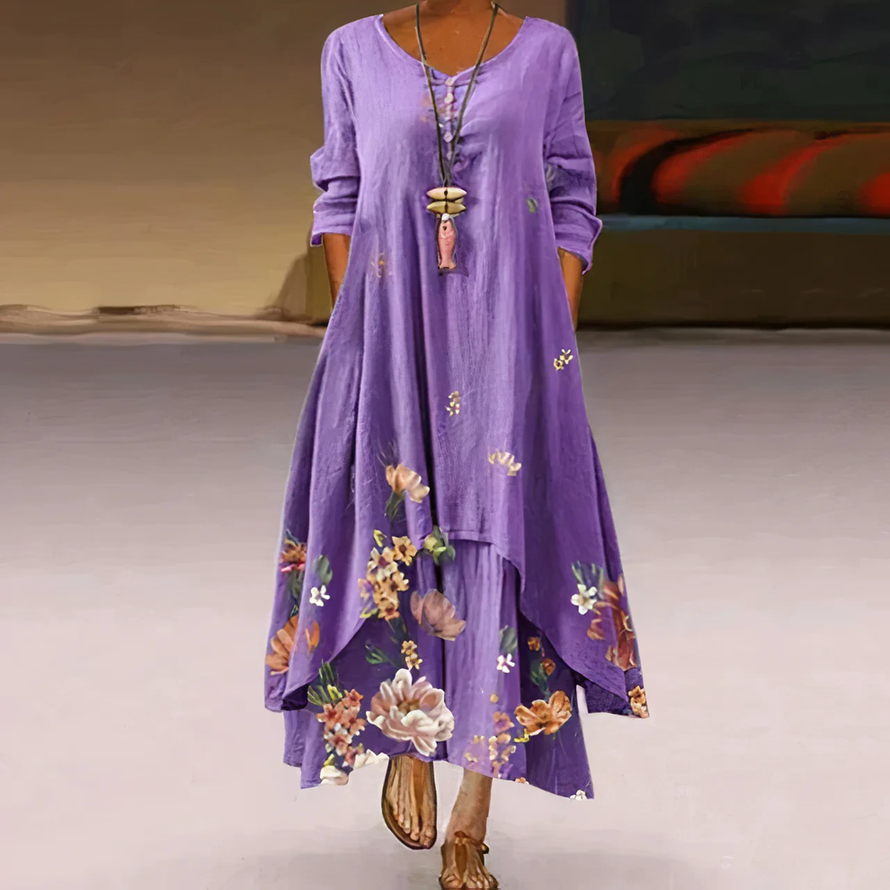 Langes Sommerkleid mit Blumenmuster und halblangen Ärmeln für einen stilvollen Auftritt