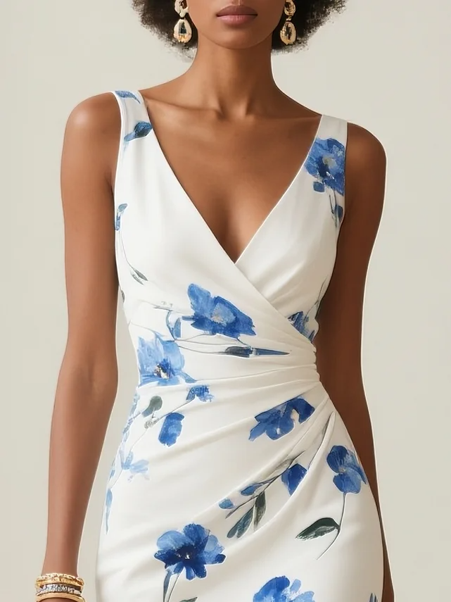 Ärmelloses Midikleid mit Print und V-Ausschnitt für Damen
