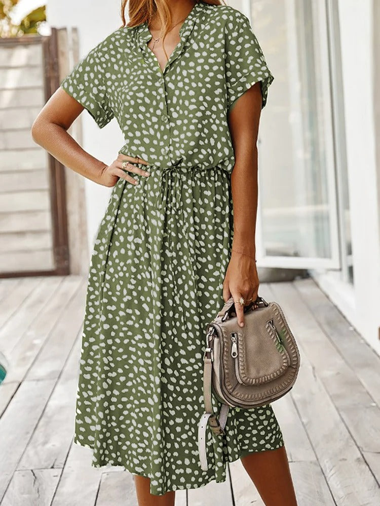 Elegantes Midikleid mit kurzen Ärmeln Knopfleiste und Punktemuster
