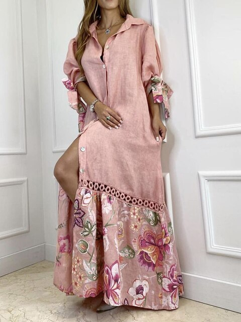 Maxikleid mit Knopfleiste und stilvollem Blumenmotiv am Saum