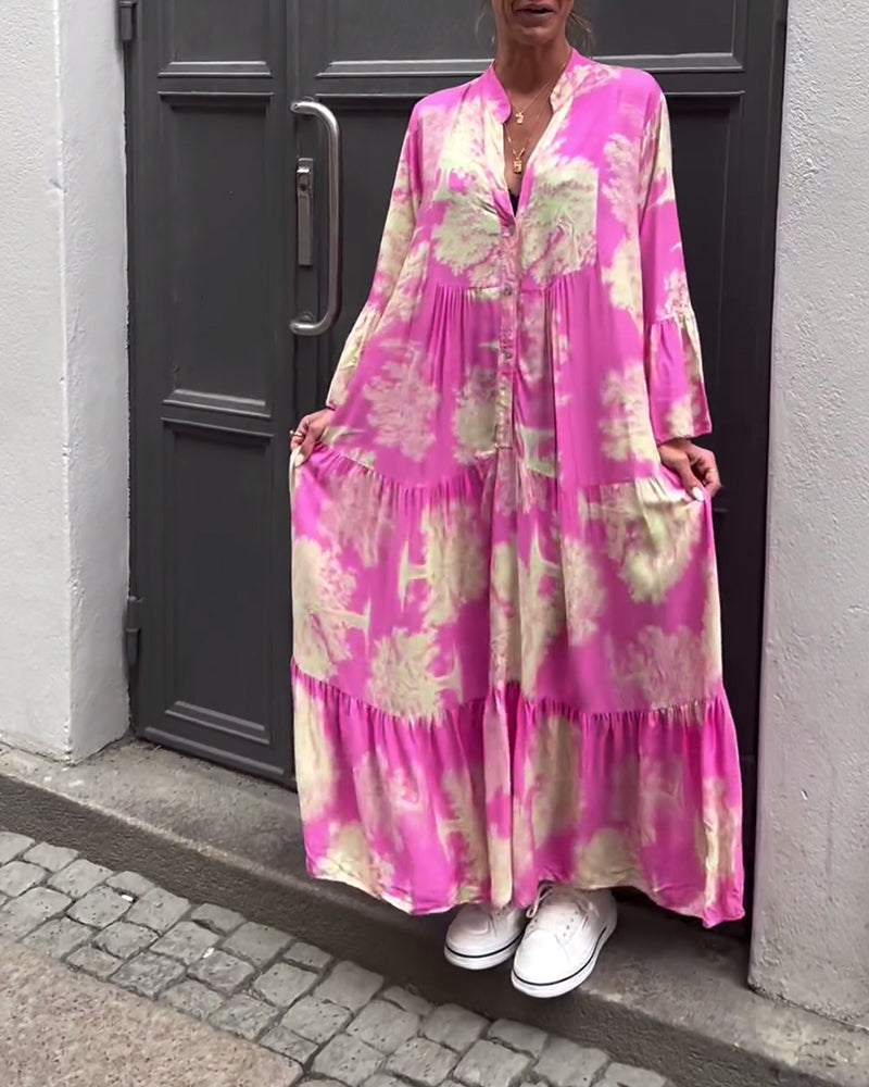 Lockeres Damenkleid im Patchwork Stil mit V-Ausschnitt und weiten Ärmeln