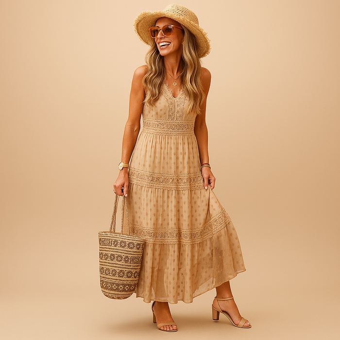 Langes ärmelloses Boho Sommerkleid für Damen mit modernem Stil