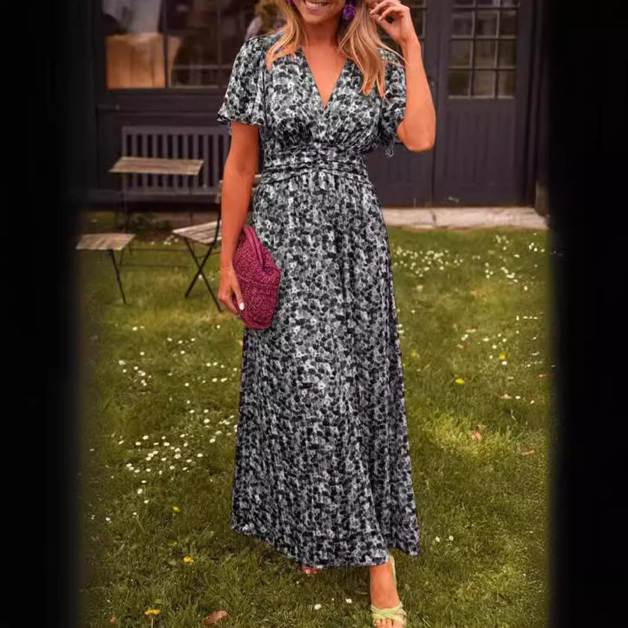 Maxikleid mit Blumenmuster V-Ausschnitt und kurzen Ärmeln