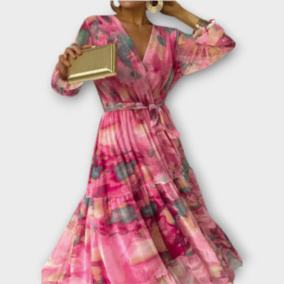 Zarte florale Sommer Maxi Kleid mit langen Ärmeln und Gürtel