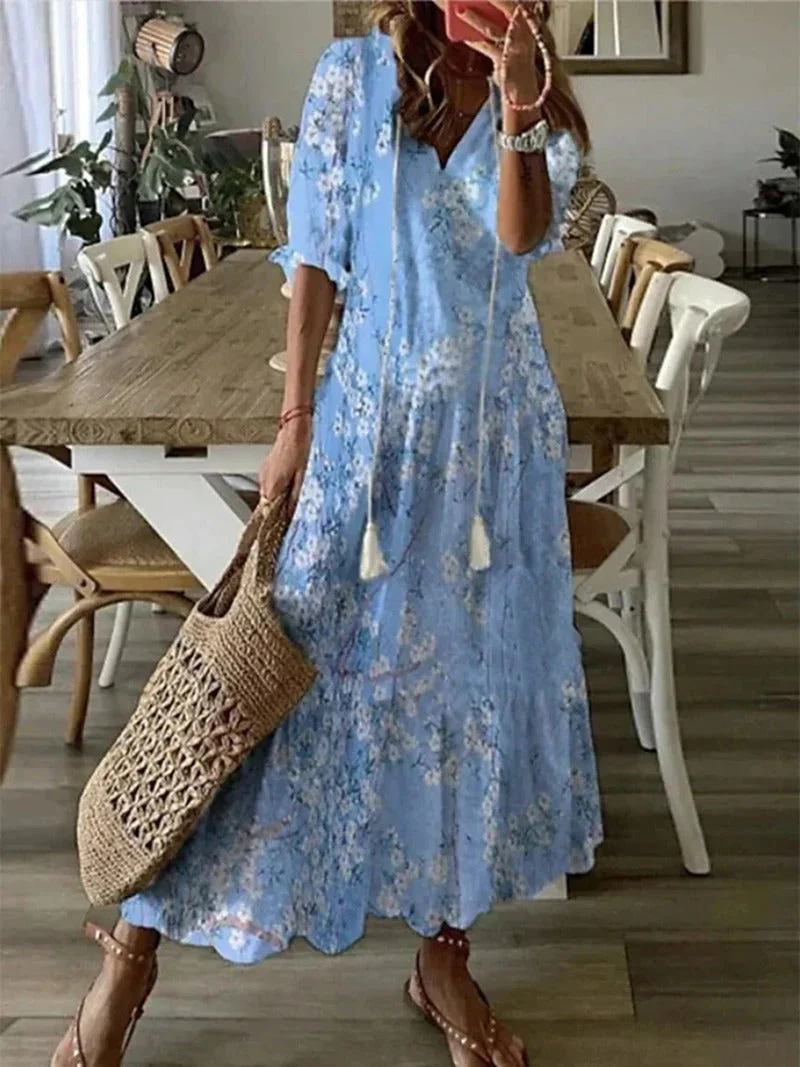 Maxikleid für Damen mit Blumenmuster luftiger Schnitt und V-Ausschnitt