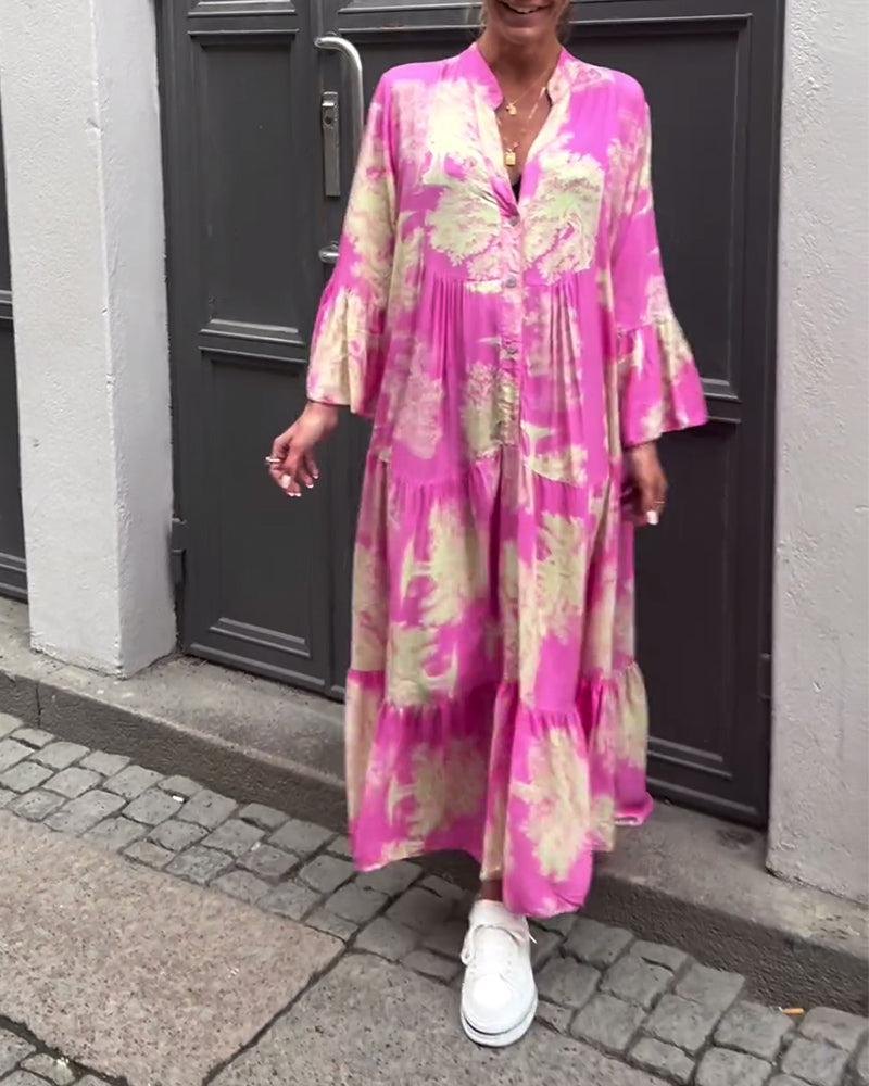 Lockeres Damenkleid im Patchwork Stil mit V-Ausschnitt und weiten Ärmeln