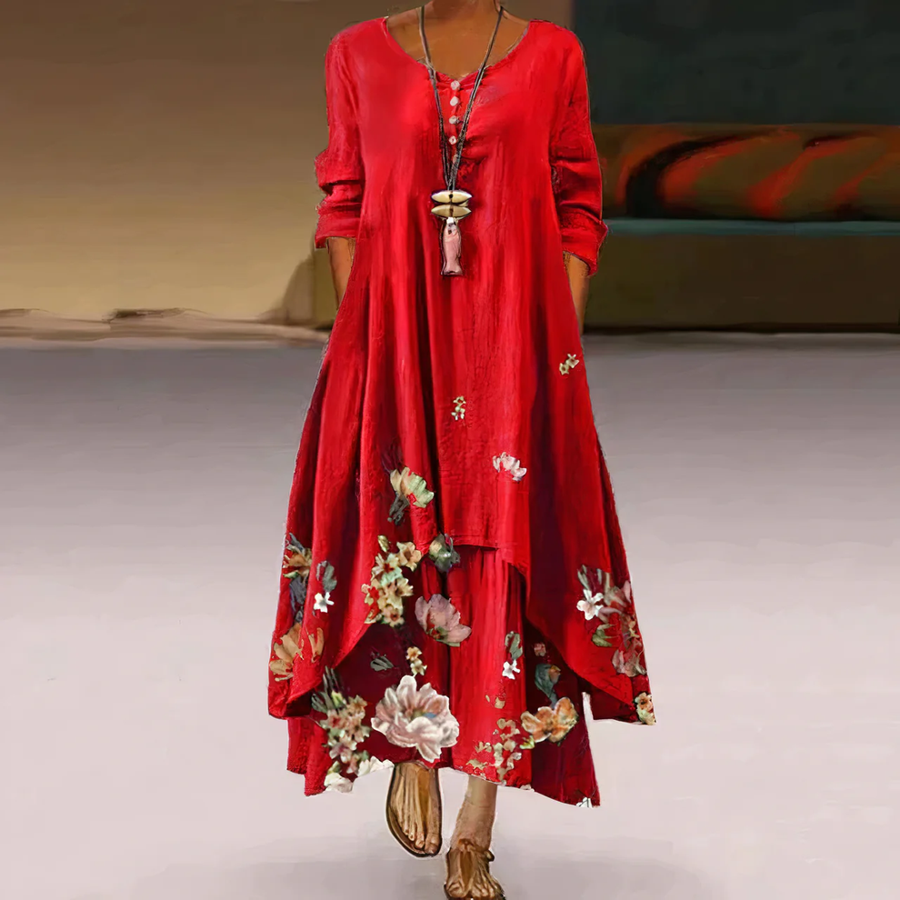 Langes Sommerkleid mit Blumenmuster und halblangen Ärmeln für einen stilvollen Auftritt