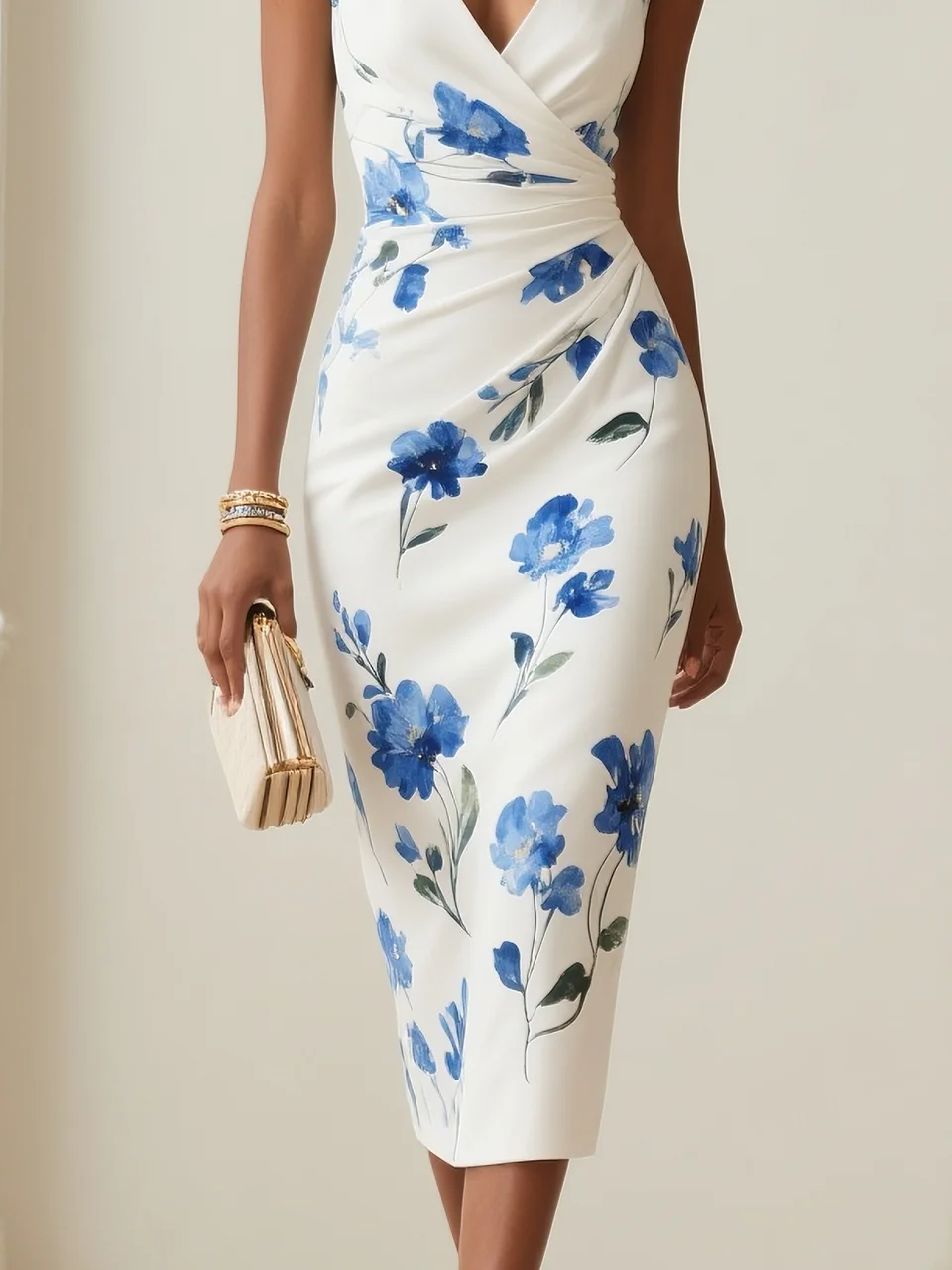 Ärmelloses Midikleid mit Print und V-Ausschnitt für Damen
