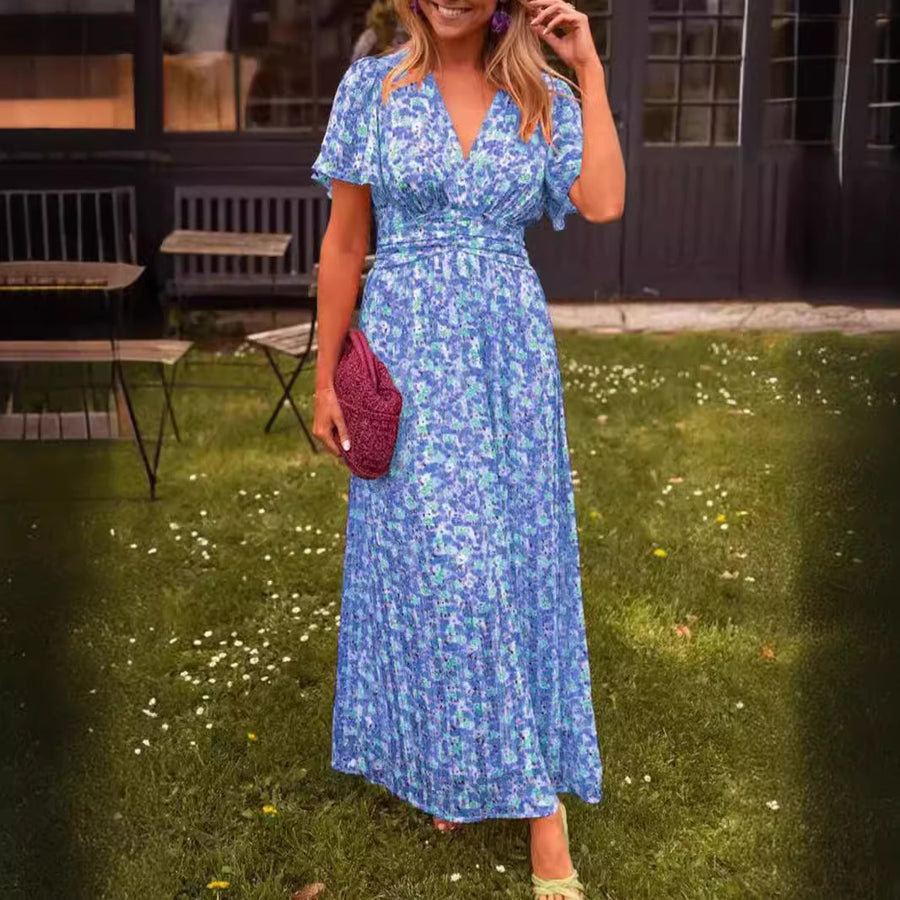 Maxikleid mit Blumenmuster V-Ausschnitt und kurzen Ärmeln