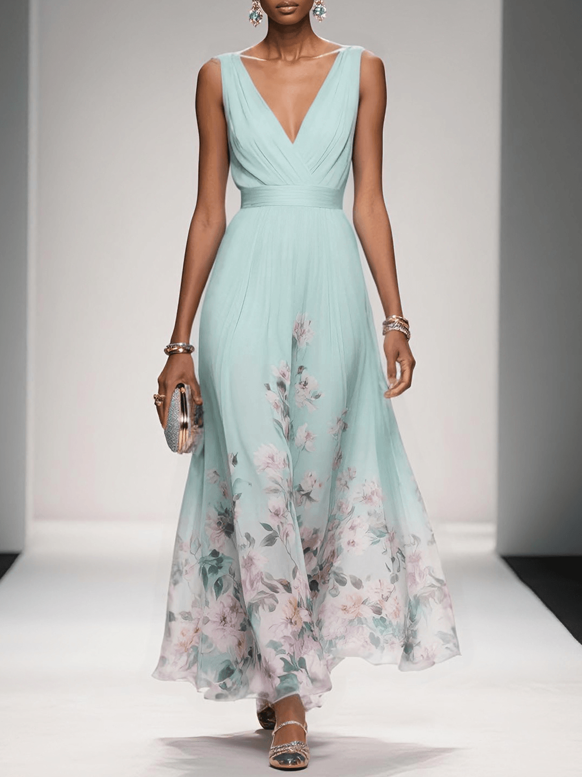 Maxikleid mit Blumenmuster und ärmellosem Schnitt in A-Linie