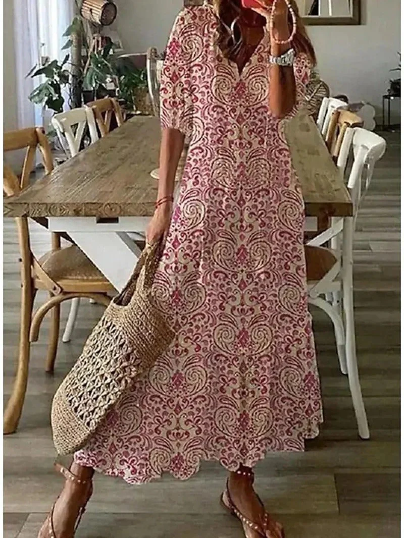 Maxikleid für Damen mit Blumenmuster luftiger Schnitt und V-Ausschnitt