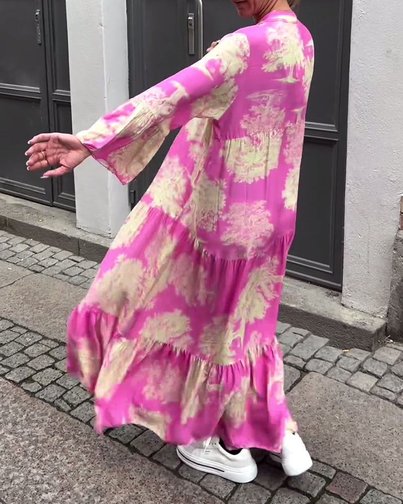 Lockeres Damenkleid im Patchwork Stil mit V-Ausschnitt und weiten Ärmeln