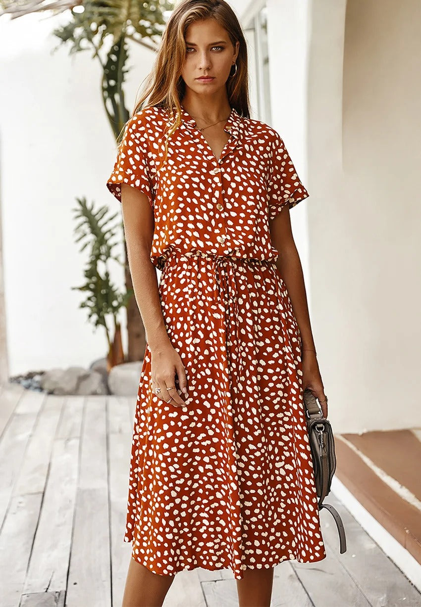 Elegantes Midikleid mit kurzen Ärmeln Knopfleiste und Punktemuster