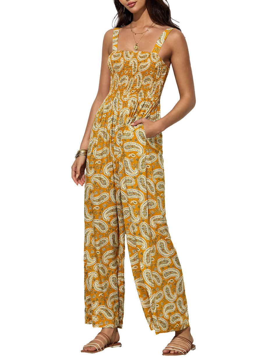 Langer Sommer Jumpsuit mit Blumenmuster eckigem Ausschnitt und weitem Bein