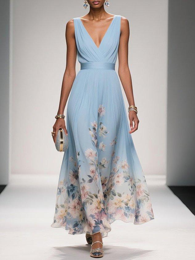 Maxikleid mit Blumenmuster und ärmellosem Schnitt in A-Linie
