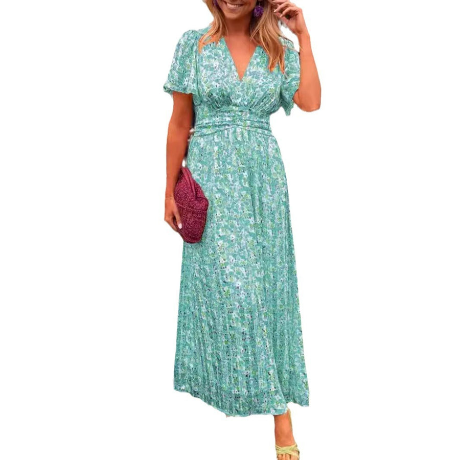 Maxikleid mit Blumenmuster V-Ausschnitt und kurzen Ärmeln