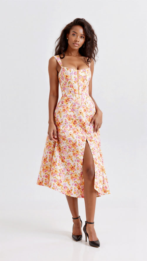 Langes Blumenkleid mit Volantdetails für luftige Sommertage