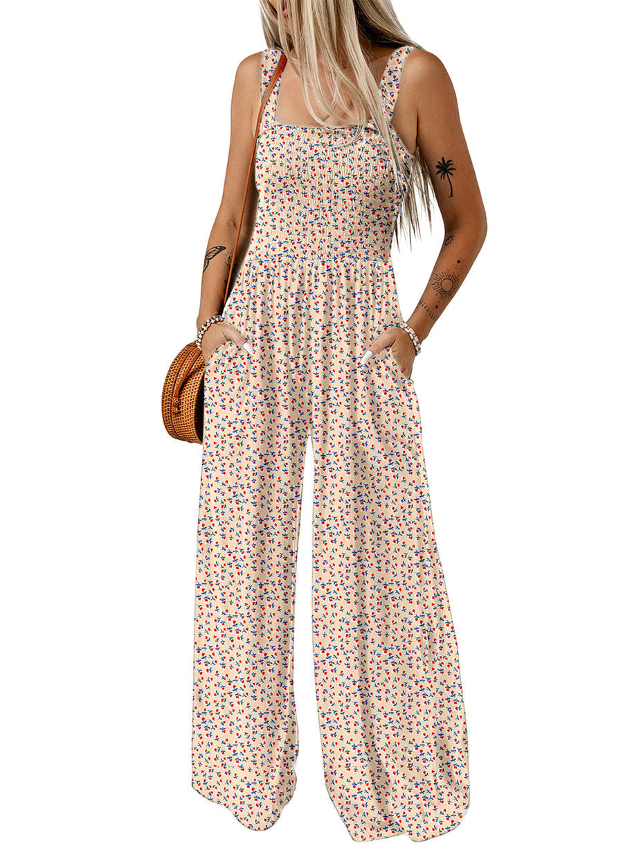 Langer Sommer Jumpsuit mit Blumenmuster eckigem Ausschnitt und weitem Bein