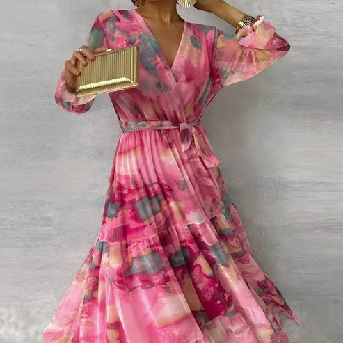 Maxikleid im Wickelstil mit floralem Aquarellmuster und langen Ärmeln für besondere Anlässe