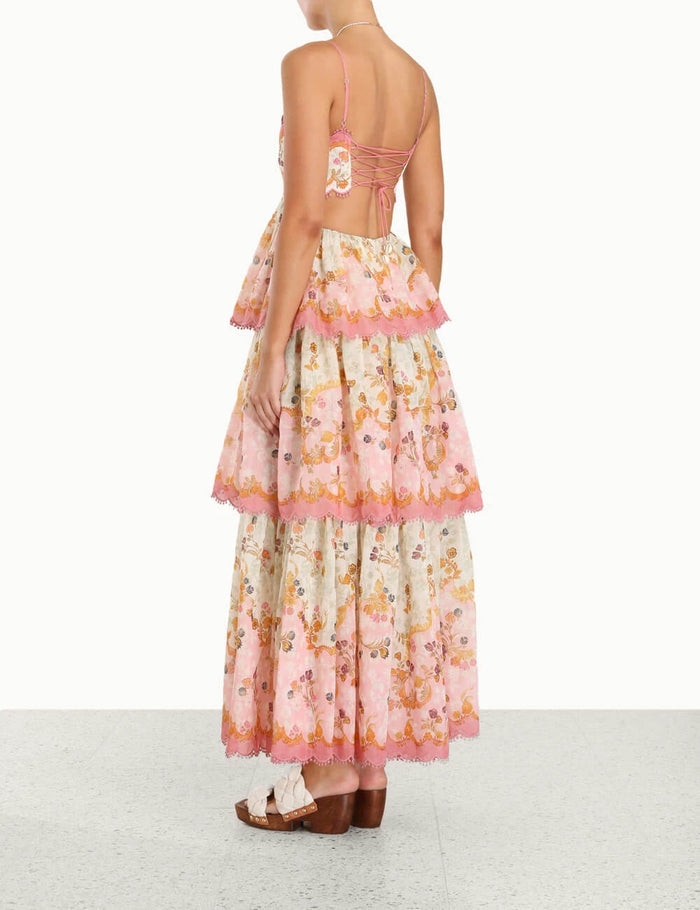 Floral Maxi-Kleid mit dünnen Trägern und gestuftem Rüschenabschluss