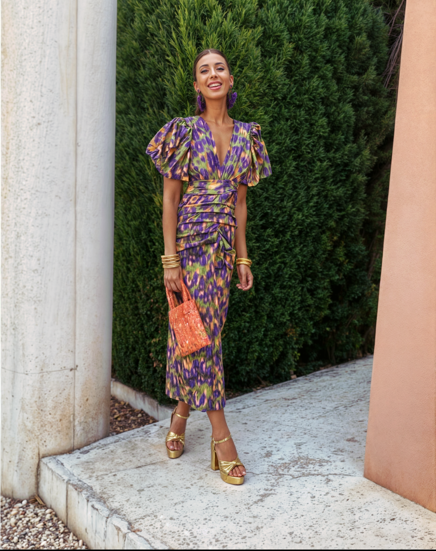 Elegantes Midikleid mit Muster V-Ausschnitt und kurzen Puffärmeln