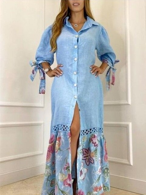 Maxikleid mit Knopfleiste und stilvollem Blumenmotiv am Saum