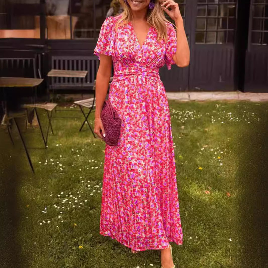 Maxikleid mit Blumenmuster V-Ausschnitt und kurzen Ärmeln