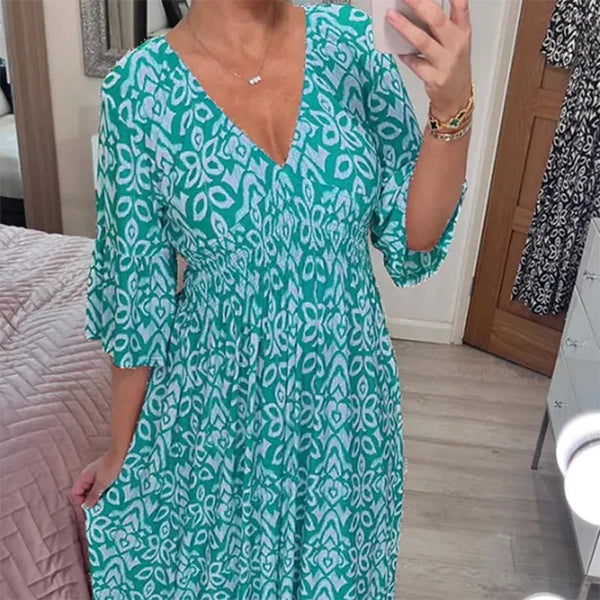 Langes Freizeitkleid mit gemustertem Stil und V-Ausschnitt