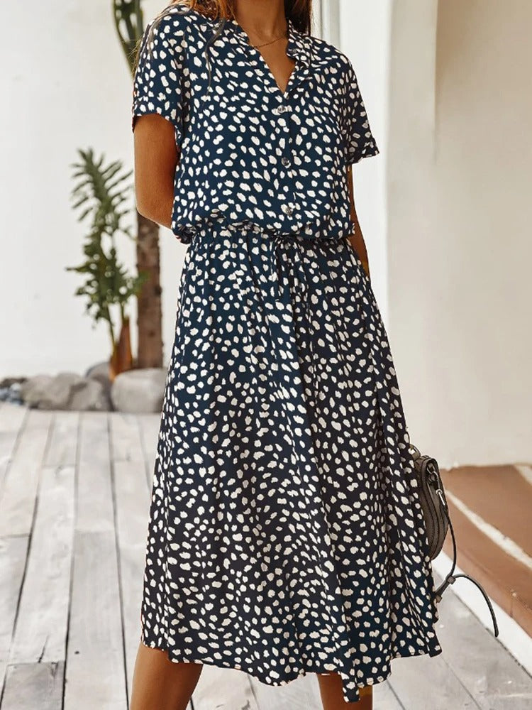 Elegantes Midikleid mit kurzen Ärmeln Knopfleiste und Punktemuster