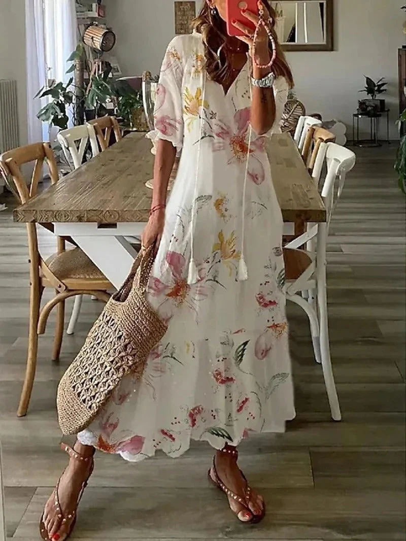 Maxikleid für Damen mit Blumenmuster luftiger Schnitt und V-Ausschnitt