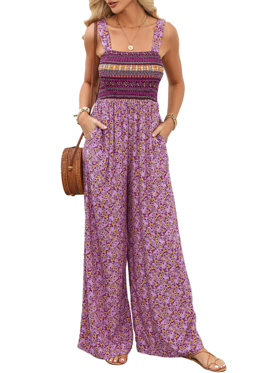 Langer Sommer Jumpsuit mit Blumenmuster eckigem Ausschnitt und weitem Bein