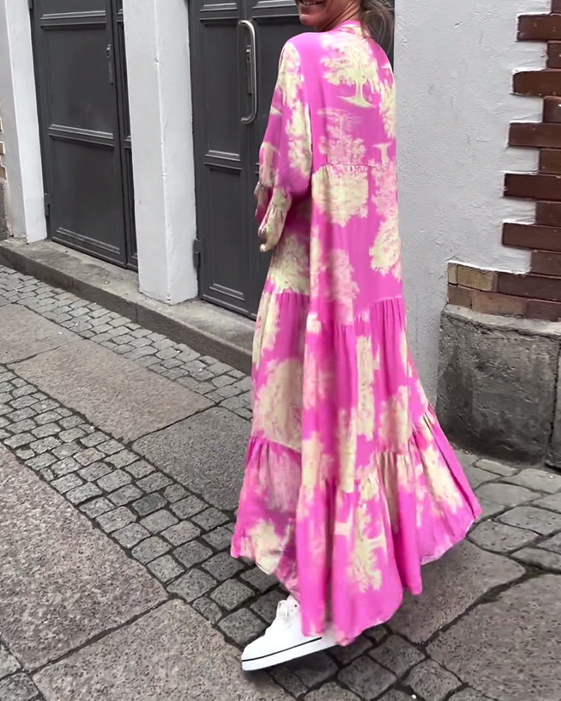 Lockeres Damenkleid im Patchwork Stil mit V-Ausschnitt und weiten Ärmeln