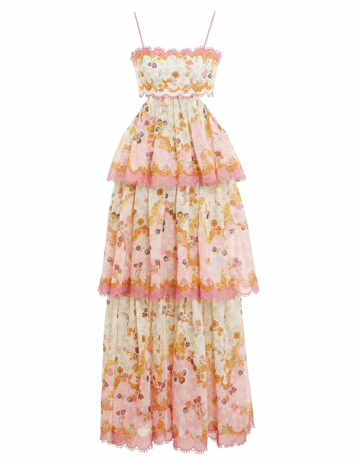 Floral Maxi-Kleid mit dünnen Trägern und gestuftem Rüschenabschluss