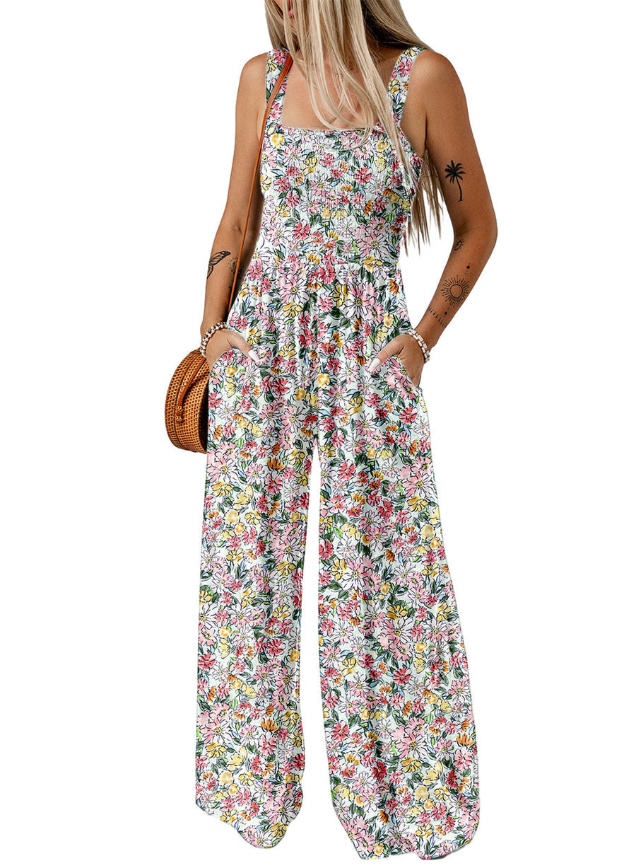 Langer Sommer Jumpsuit mit Blumenmuster eckigem Ausschnitt und weitem Bein